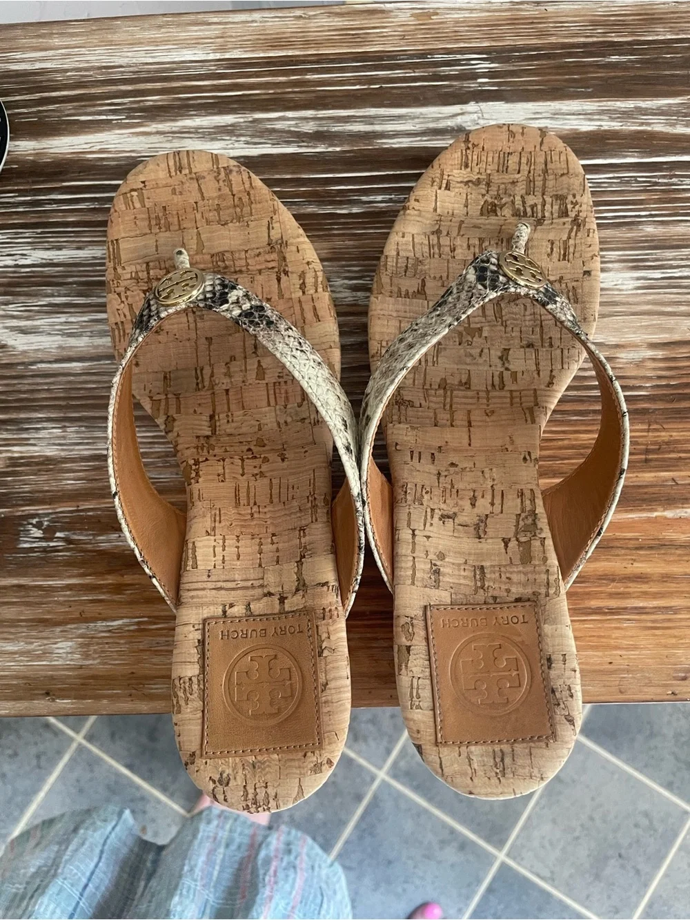 Tory Burch Cork Wedge Sandals with Snake-Print Straps and Gold Logo